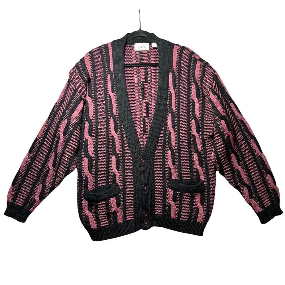 Vintage Jed Mens XL Cardigan Sweater Black Purple Cable Knit Button Front Wool